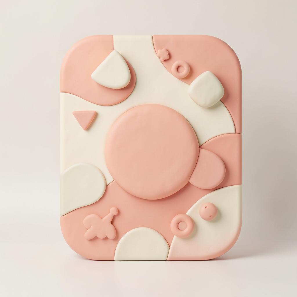 A playful clay-style poster mockup in coral and cream